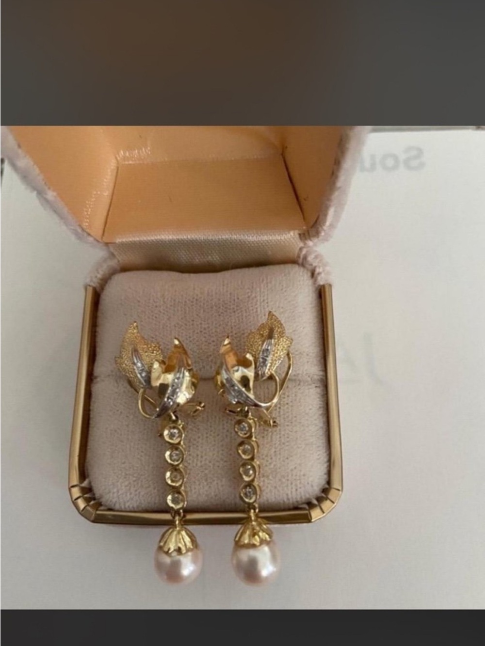 Gold Leaf Pearl Drop Earrings with Crystal Accents
